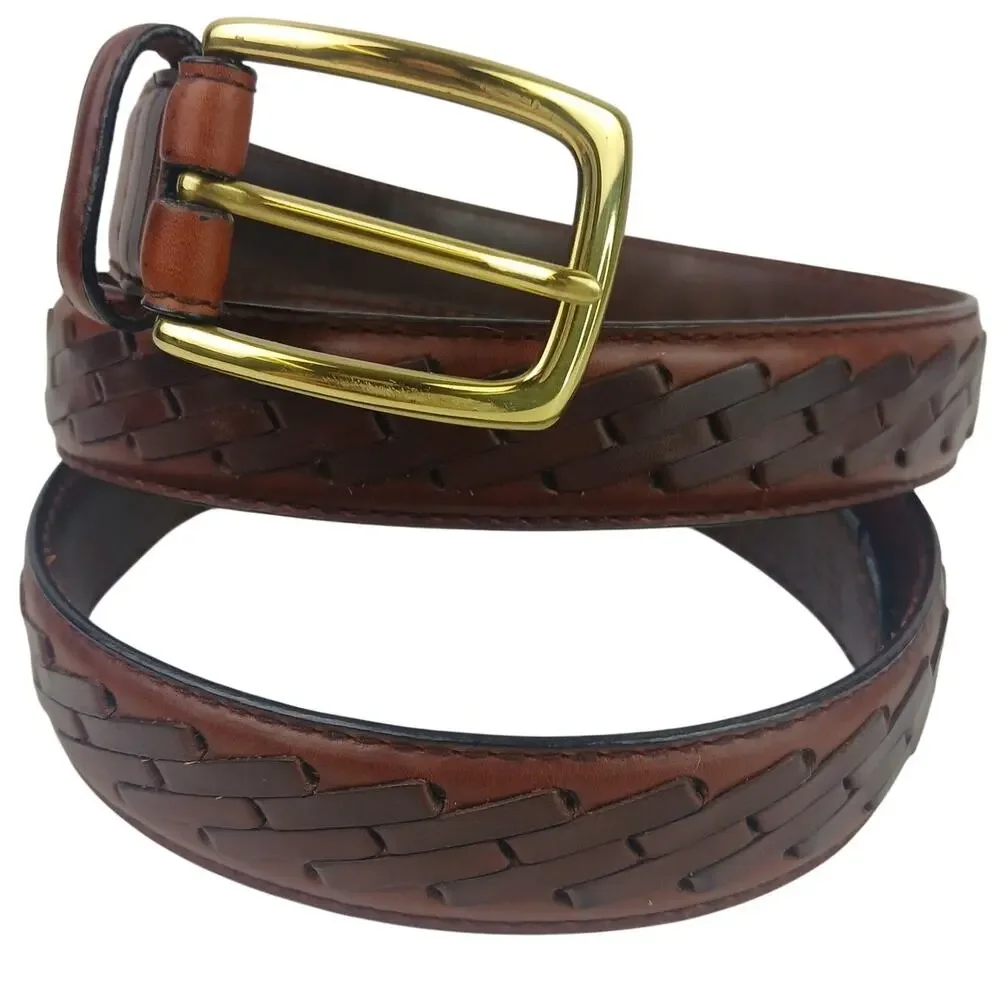 Men's SZ 44 Mahogany Basket Weave Belt With Brass Buckle NEW